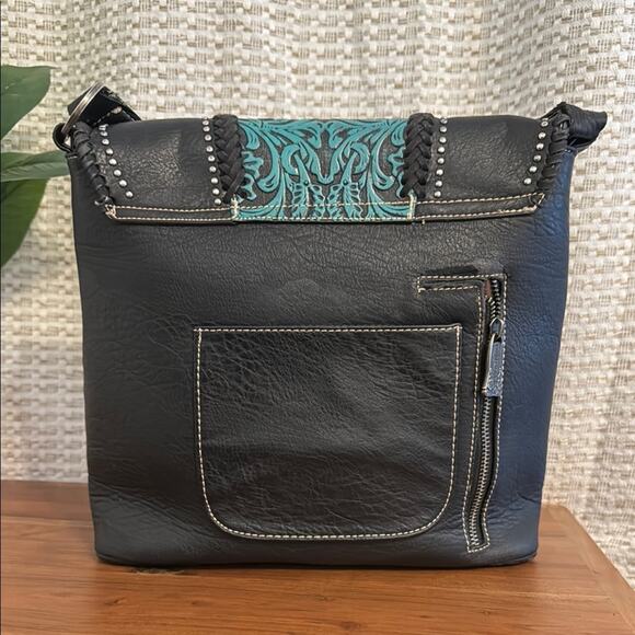 Trinity ranch Black and Teal leather tassel shoulder bag - Picture 3 of 10